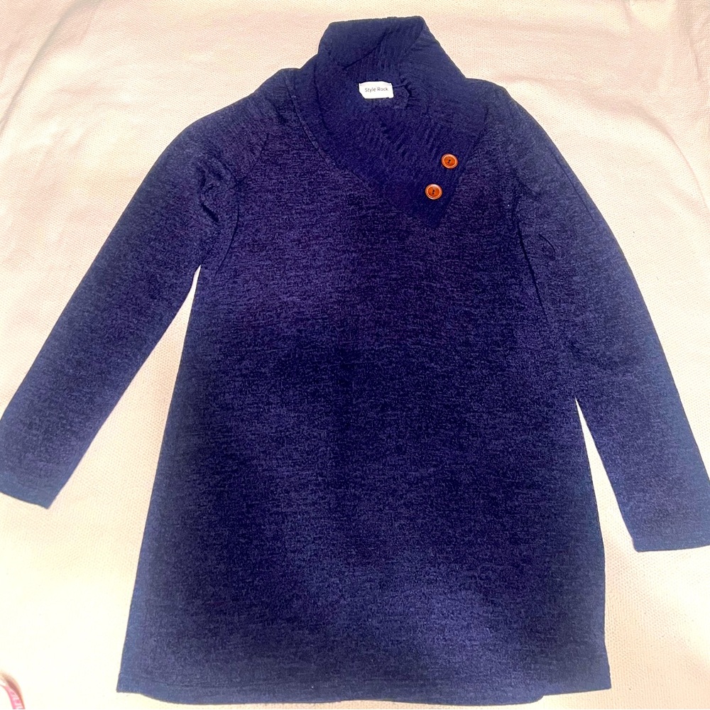 Women’s Navy Split Cowl Neck Sweater with Brown Buttons